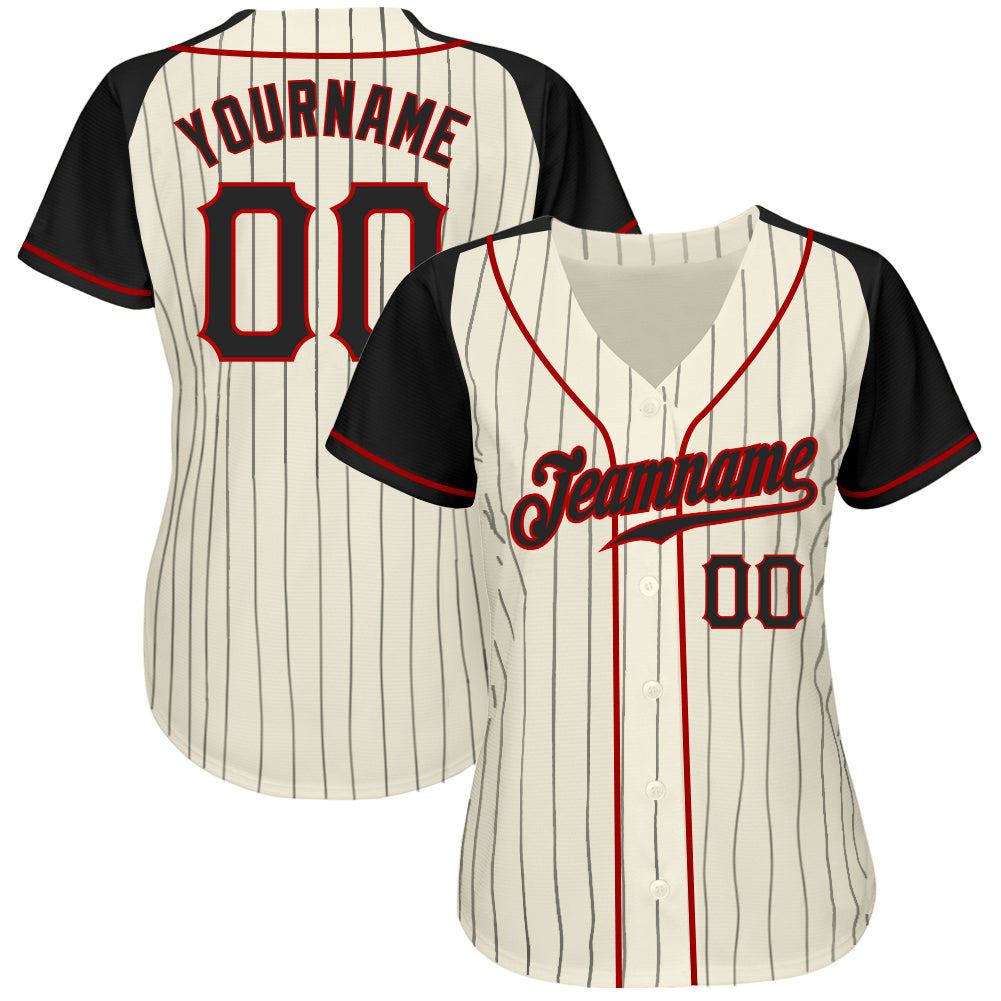 Custom Cream Black Pinstripe Black-Red Authentic Raglan Sleeves Baseball Jersey