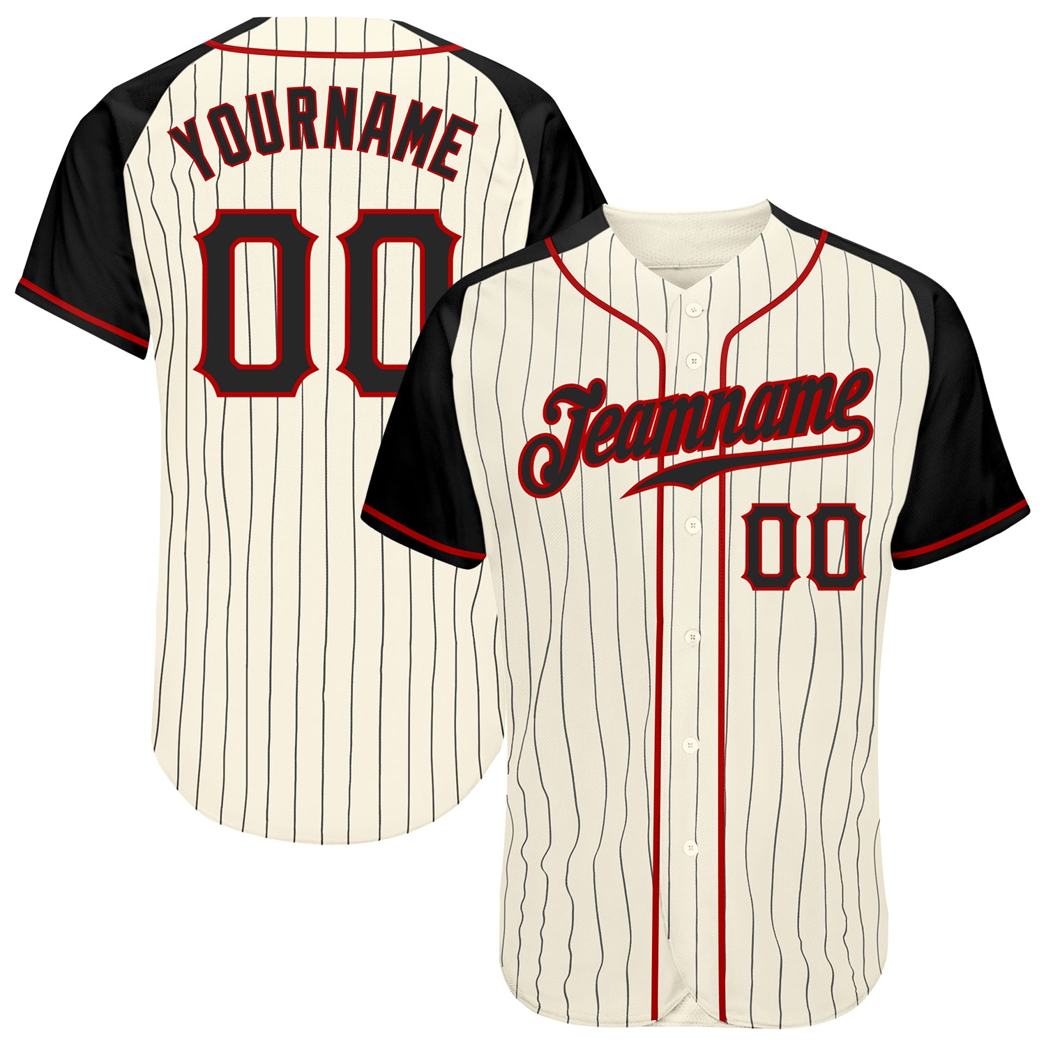 Custom Cream Black Pinstripe Black-Red Authentic Raglan Sleeves Baseball Jersey