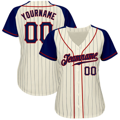 Custom Cream Navy Pinstripe Navy-Red Authentic Raglan Sleeves Baseball Jersey