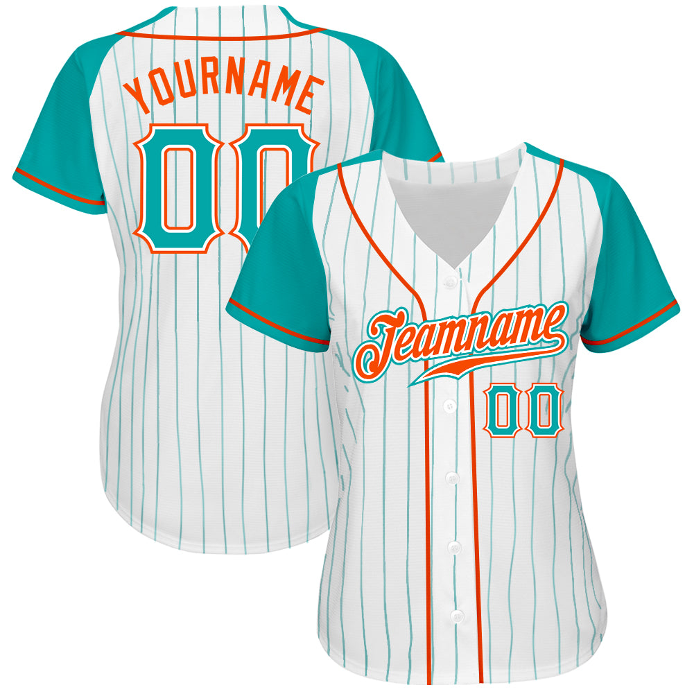 Custom White Aqua Pinstripe Aqua-Orange Authentic Raglan Sleeves Baseball Jersey