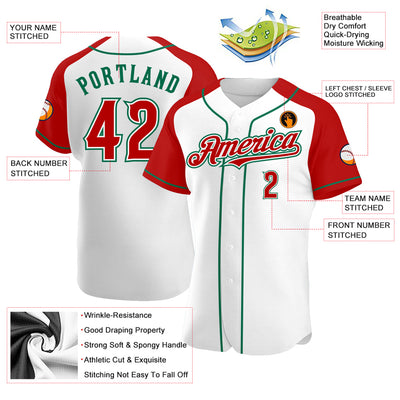 Custom White Red-Kelly Green Authentic Raglan Sleeves Baseball Jersey