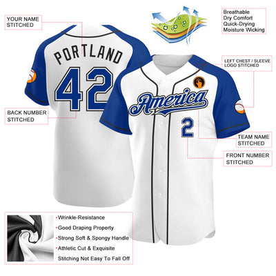 Custom White Royal-Black Authentic Raglan Sleeves Baseball Jersey