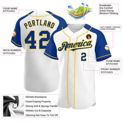 Custom White Royal-Yellow Authentic Raglan Sleeves Baseball Jersey