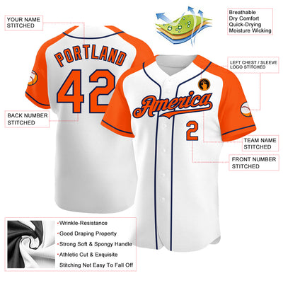 Custom White Orange-Navy Authentic Raglan Sleeves Baseball Jersey