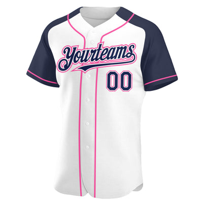 Custom White Navy-Pink Authentic Raglan Sleeves Baseball Jersey