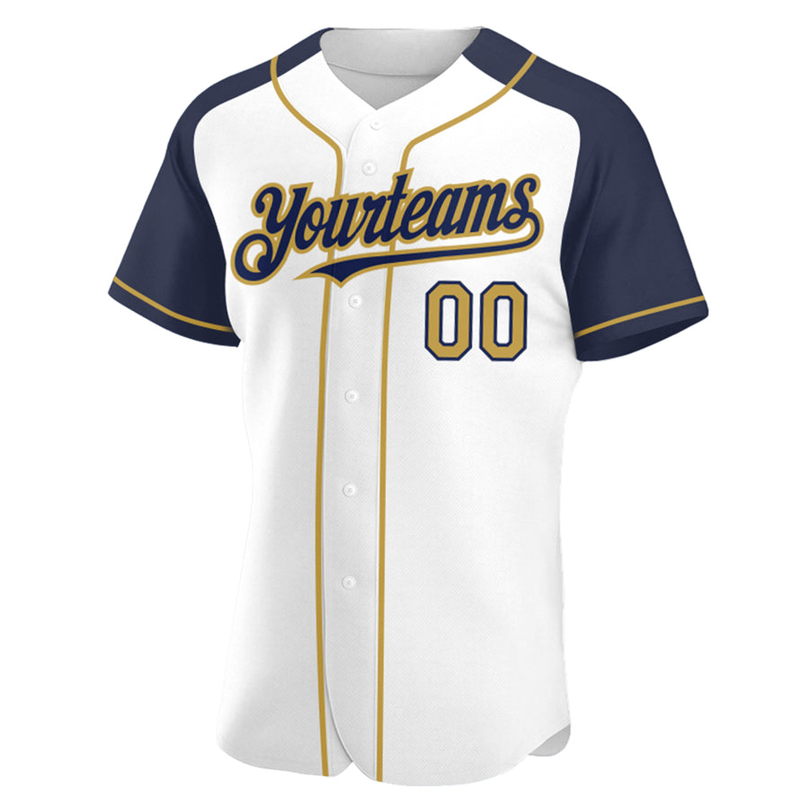 Custom White Old Gold-Navy Authentic Raglan Sleeves Baseball Jersey