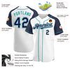 Custom White Navy-Teal Authentic Raglan Sleeves Baseball Jersey