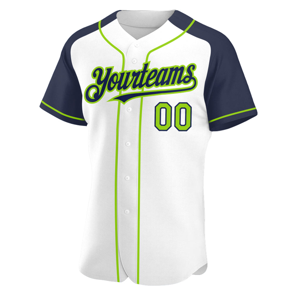 Custom Baseball Jersey White Neon Green-Navy Authentic Raglan Sleeves Youth Size:M