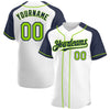 Custom White Neon Green-Navy Authentic Raglan Sleeves Baseball Jersey