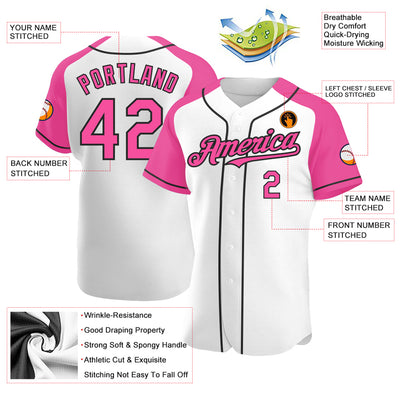 Custom White Pink-Black Authentic Raglan Sleeves Baseball Jersey