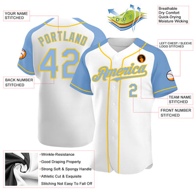 Custom White Light Blue-Yellow Authentic Raglan Sleeves Baseball Jersey