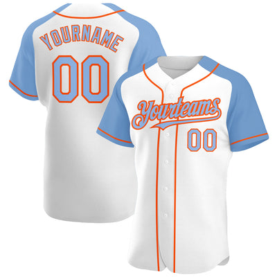 Custom White Light Blue-Orange Authentic Raglan Sleeves Baseball Jersey