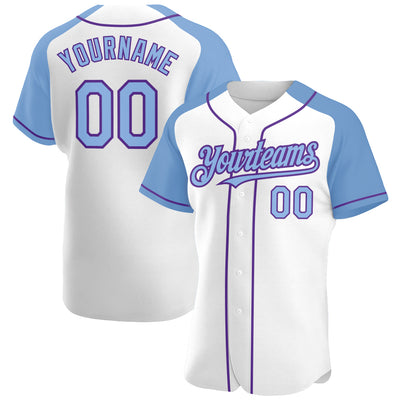 Custom White Light Blue-Purple Authentic Raglan Sleeves Baseball Jersey