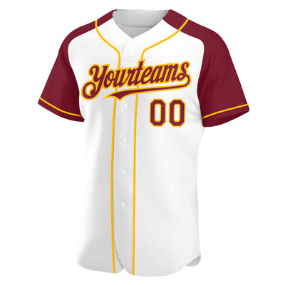 Custom White Crimson-Gold Authentic Raglan Sleeves Baseball Jersey