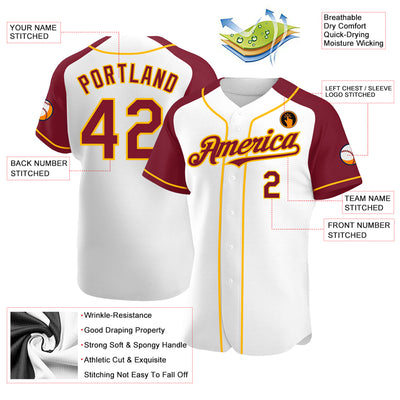 Custom White Crimson-Gold Authentic Raglan Sleeves Baseball Jersey