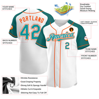 Custom White Teal-Orange Authentic Raglan Sleeves Baseball Jersey