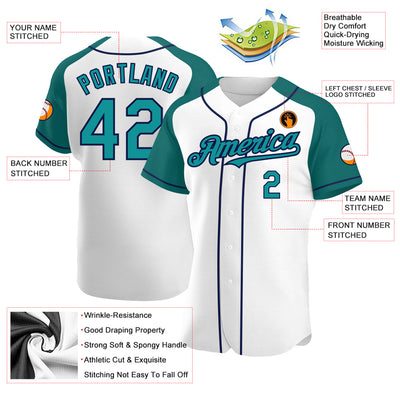 Custom White Teal-Navy Authentic Raglan Sleeves Baseball Jersey