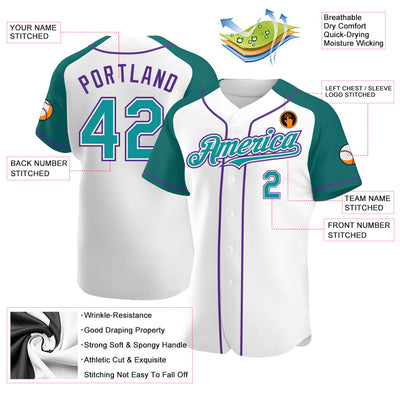 Custom White Teal-Purple Authentic Raglan Sleeves Baseball Jersey