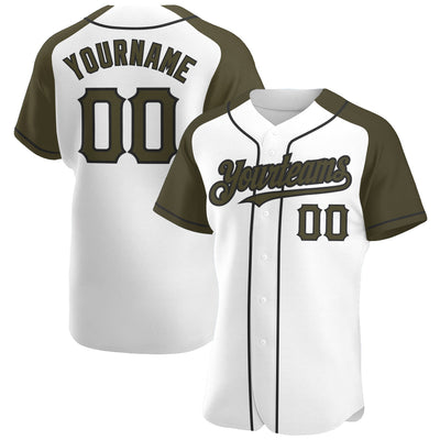 Custom White Olive-Black Authentic Raglan Sleeves Baseball Jersey