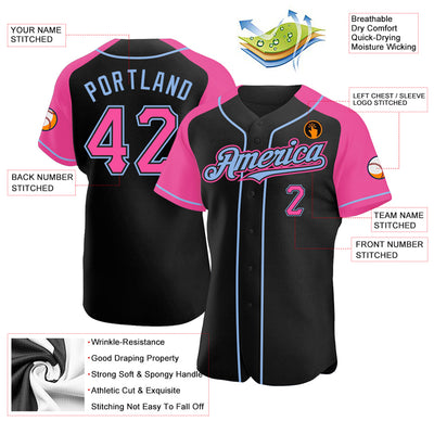 Custom Black Pink-Light Blue Authentic Raglan Sleeves Baseball Jersey