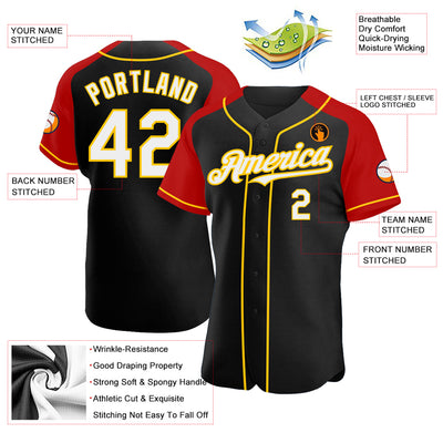 Custom Black White Red-Yellow Authentic Raglan Sleeves Baseball Jersey