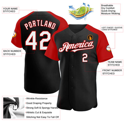 Custom Black White-Red Authentic Raglan Sleeves Baseball Jersey