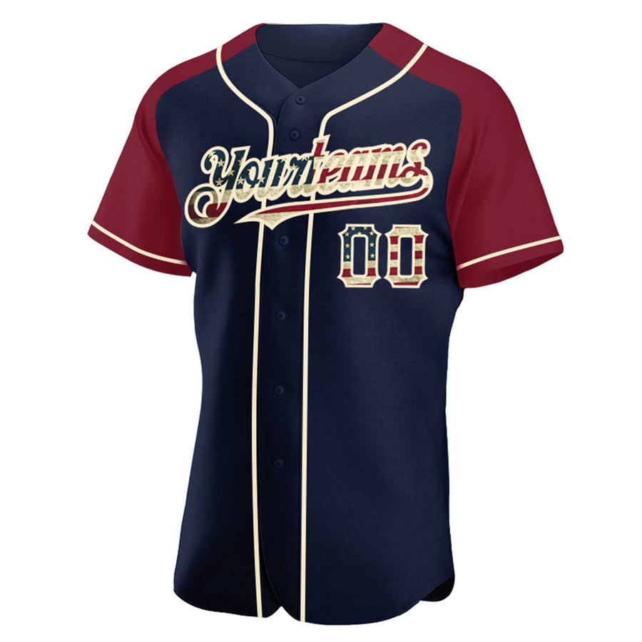 Custom Navy Vintage USA Flag Crimson-Cream Authentic Raglan Sleeves Baseball Jersey