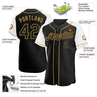 Custom Black White-Old Gold Authentic Raglan Sleeves Baseball Jersey