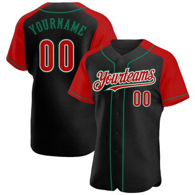 Custom Black Red-Kelly Green Authentic Raglan Sleeves Baseball Jersey