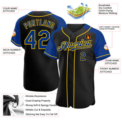 Custom Black Royal-Yellow Authentic Raglan Sleeves Baseball Jersey