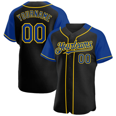 Custom Black Royal-Yellow Authentic Raglan Sleeves Baseball Jersey