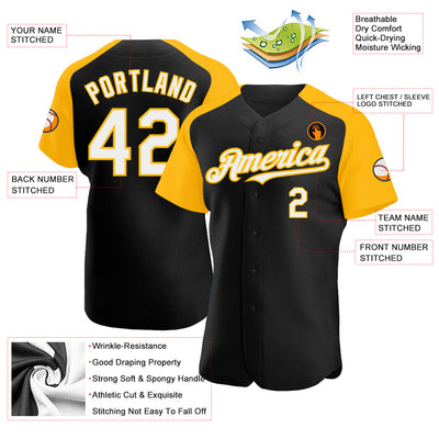 Custom Black White-Gold Authentic Raglan Sleeves Baseball Jersey