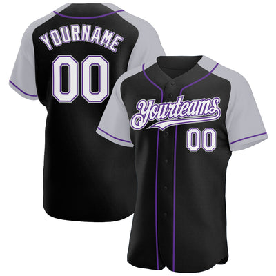 Custom Black White Gray-Purple Authentic Raglan Sleeves Baseball Jersey