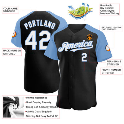 Custom Black White-Light Blue Authentic Raglan Sleeves Baseball Jersey