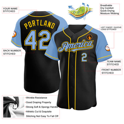 Custom Black Light Blue-Yellow Authentic Raglan Sleeves Baseball Jersey