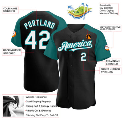 Custom Black White-Teal Authentic Raglan Sleeves Baseball Jersey