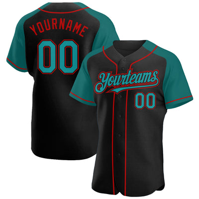 Custom Black Teal-Red Authentic Raglan Sleeves Baseball Jersey