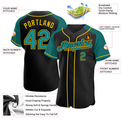 Custom Black Teal-Yellow Authentic Raglan Sleeves Baseball Jersey