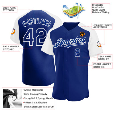 Custom Royal White Authentic Raglan Sleeves Baseball Jersey