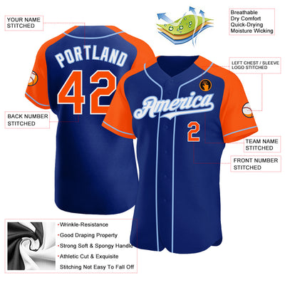 Custom Royal Orange-Light Blue Authentic Raglan Sleeves Baseball Jersey