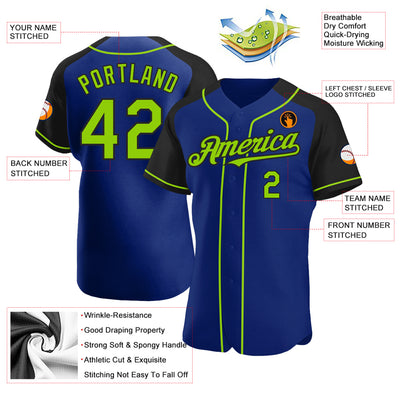 Custom Royal Neon Green-Black Authentic Raglan Sleeves Baseball Jersey