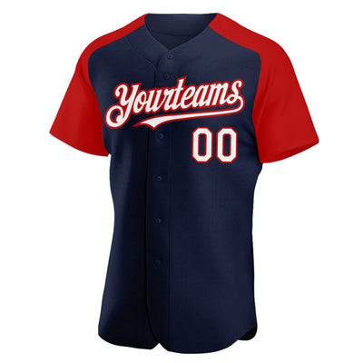 Custom Navy White-Red Authentic Raglan Sleeves Baseball Jersey