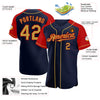 Custom Navy Old Gold-Red Authentic Raglan Sleeves Baseball Jersey