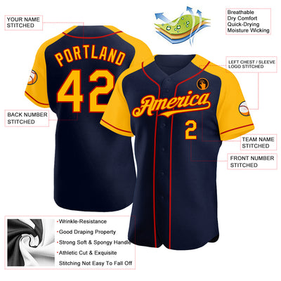 Custom Navy Gold-Red Authentic Raglan Sleeves Baseball Jersey