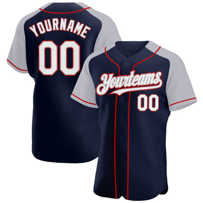 Custom Navy White Gray-Red Authentic Raglan Sleeves Baseball Jersey