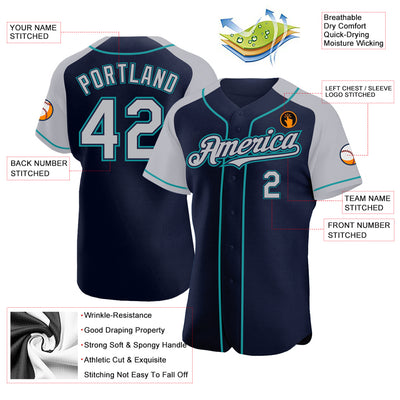 Custom Navy Gray-Teal Authentic Raglan Sleeves Baseball Jersey