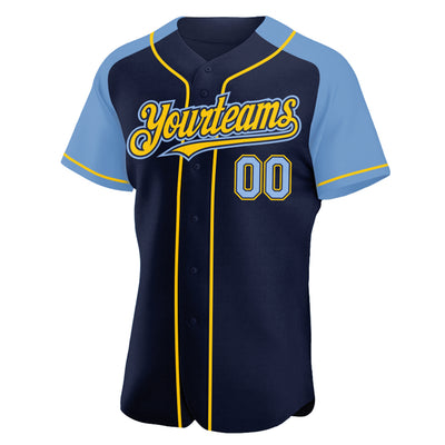 Custom Navy Light Blue-Yellow Authentic Raglan Sleeves Baseball Jersey