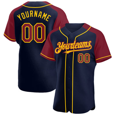 Custom Navy Crimson-Yellow Authentic Raglan Sleeves Baseball Jersey