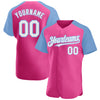 Custom Pink White-Light Blue Authentic Raglan Sleeves Baseball Jersey