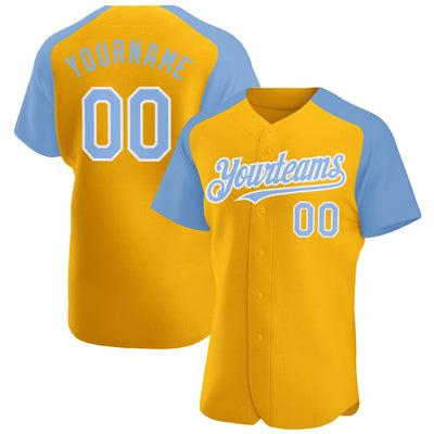 Custom Gold Light Blue-White Authentic Raglan Sleeves Baseball Jersey